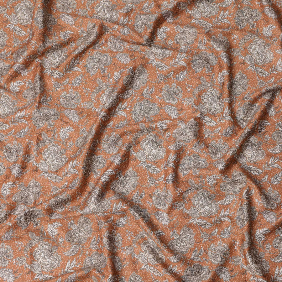Terracotta Ethnic Floral Jaal Cotton Satin Fabric, All-Over Golden Beige Digital Print, 110 Cms Width, Made in India-D22616