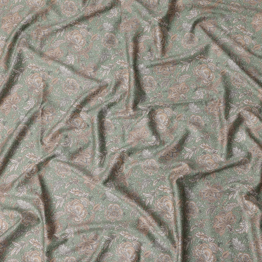 Sage Green Ethnic Floral Jaal Cotton Satin Fabric, All-Over Golden Beige Digital Print, 110 Cms Width, Made in India-D22617