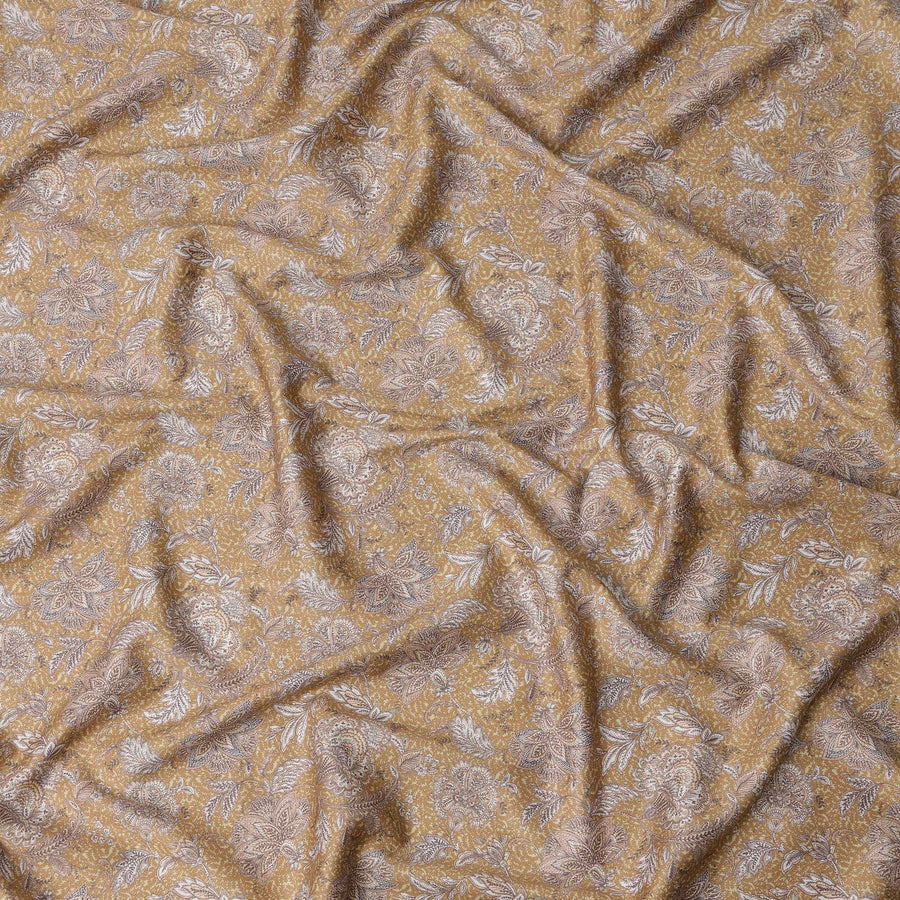 قماش قطني ساتان من جال، مزين بنقشة زهور عرقية باللون الأصفر الخردلي، مطبوع رقميًا باللون البيج الذهبي، عرض 110 سم، صنع في الهند - D22618