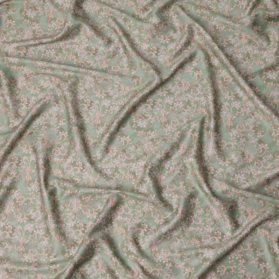 Sage Green Baroque Floral Cotton Satin Fabric, All-Over Peach and White Digital Print, 110 Cms Width, Made in India-D22619