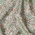 Sage Green Baroque Floral Cotton Satin Fabric, All-Over Peach and White Digital Print, 110 Cms Width, Made in India-D22619
