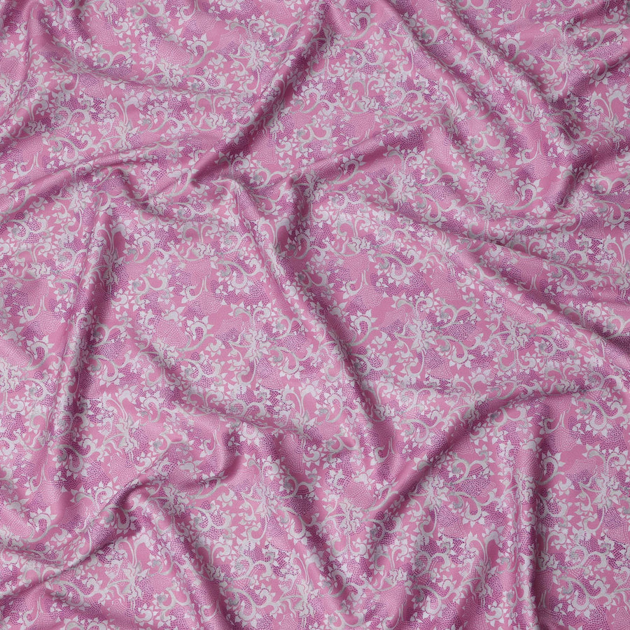 Pink Baroque Floral Cotton Satin Fabric, All-Over White and Purple Digital Print, 110 Cms Width, Made in India-D22622