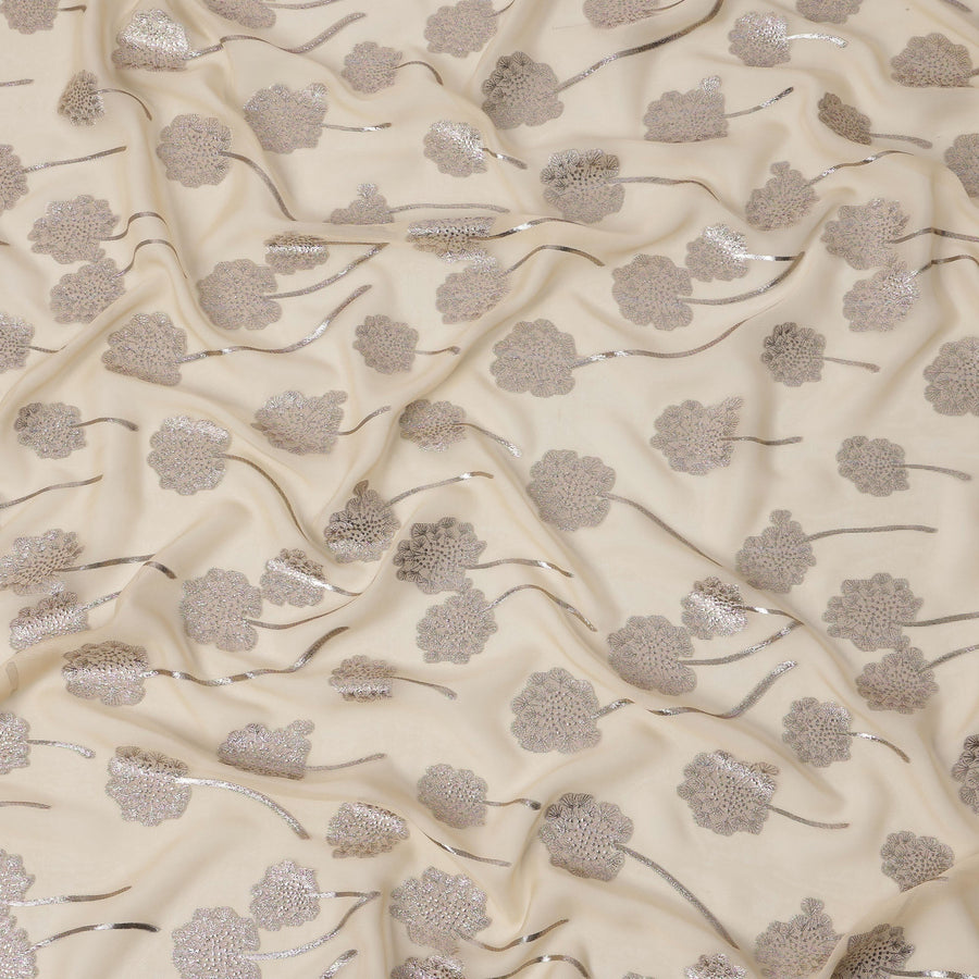 قماش شيفون حريري بتصميم زهور بوتا معدنية بلون العاج، عرض 140 سم، صنع في كوريا الجنوبية - D22645