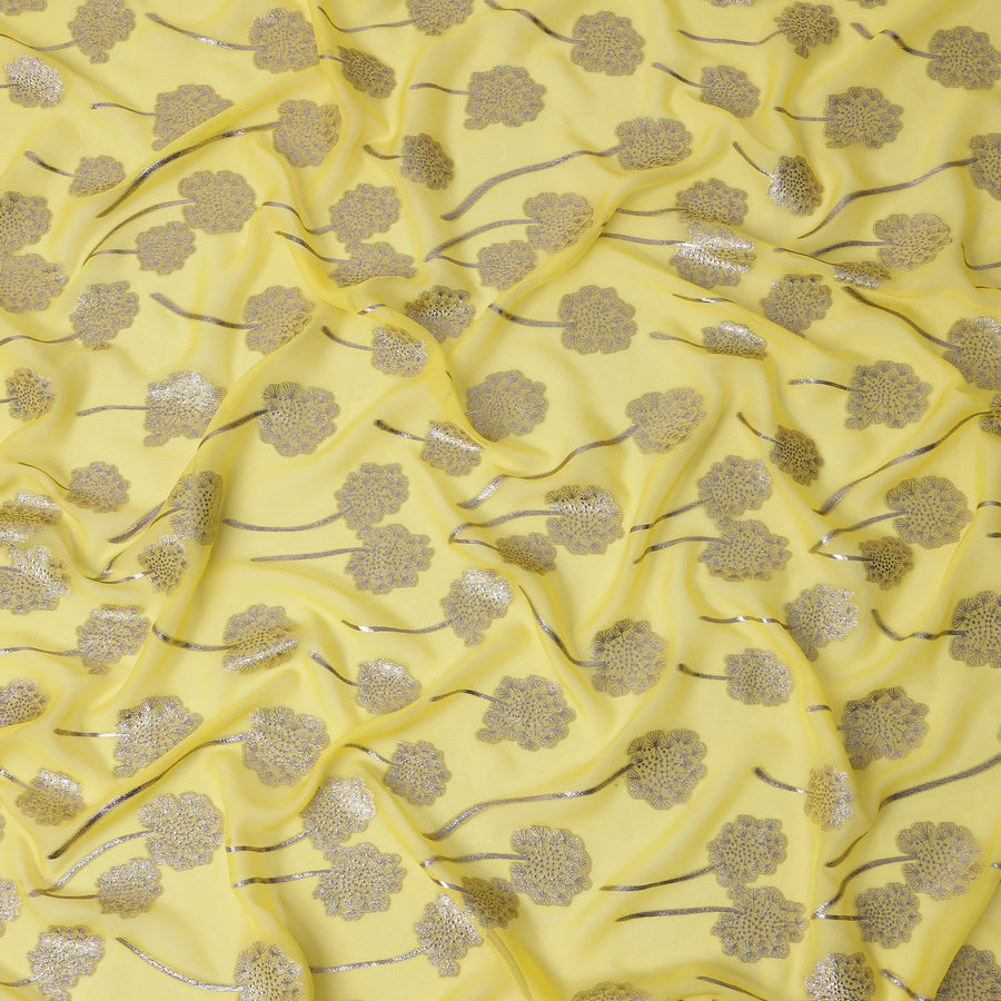 Lemon Yellow Floral Buta Metallic Lurex Motif Design Silk Chiffon Fabric, 140 Cms Width, Made in South Korea-D22648