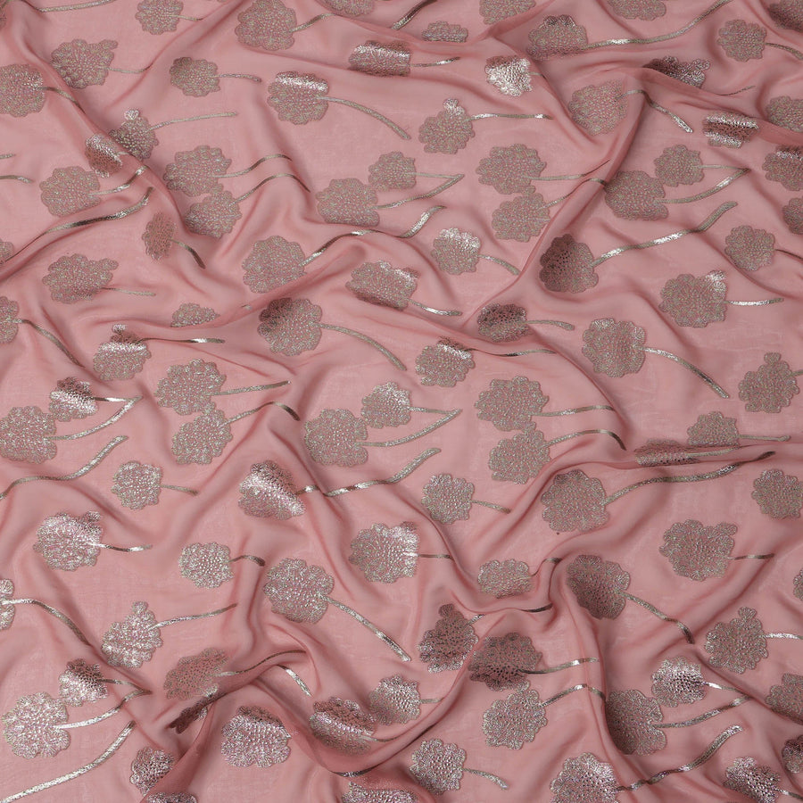 قماش شيفون حريري بتصميم زهور وردية وردية اللون، مزين بزخارف معدنية من اللوريكس، عرض 140 سم، صنع في كوريا الجنوبية - D22650