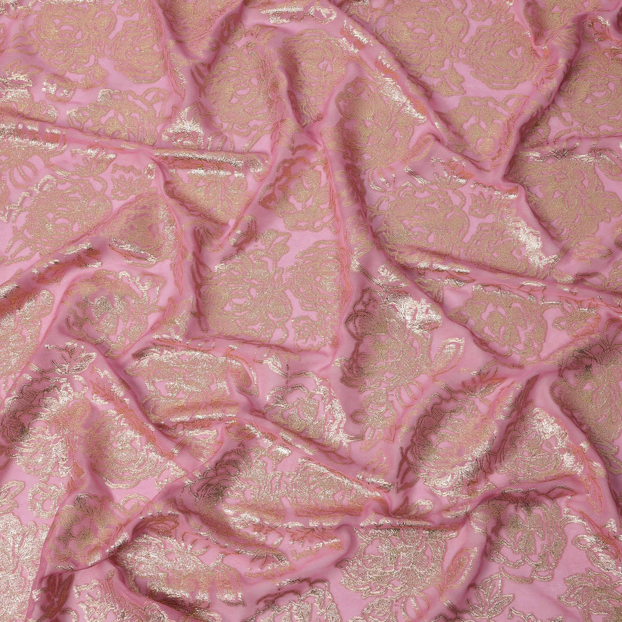 قماش شيفون حريري بتصميم لوركس معدني وردي مزهر، عرض 140 سم، صنع في كوريا الجنوبية - D22651