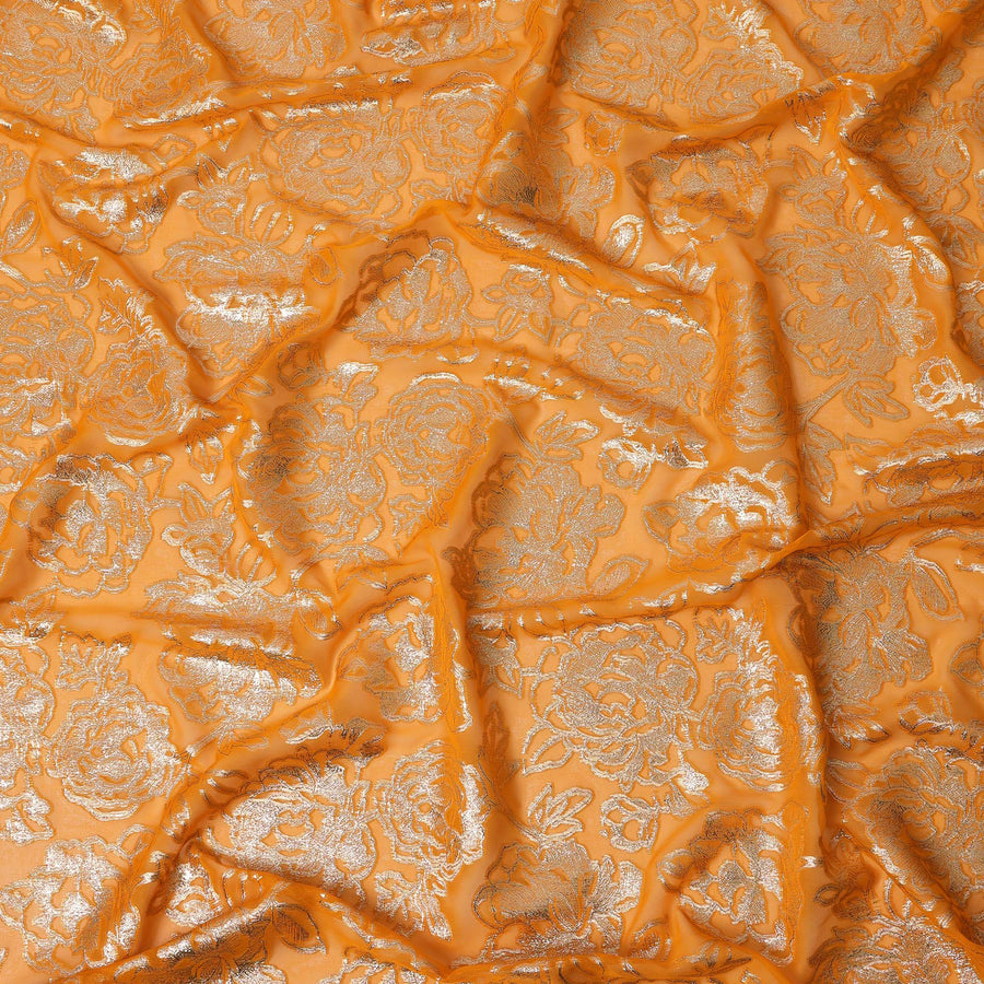 قماش شيفون حريري بتصميم زهور معدنية برتقالية زاهية، عرض 140 سم، صنع في كوريا الجنوبية - D22652