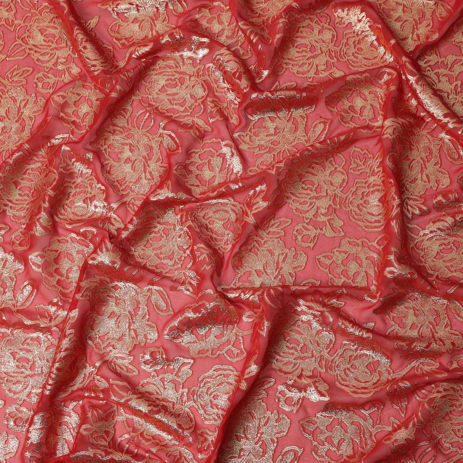 قماش شيفون حريري بتصميم لوركس معدني مزهر باللون الأحمر، عرض 140 سم، صنع في كوريا الجنوبية - D22656