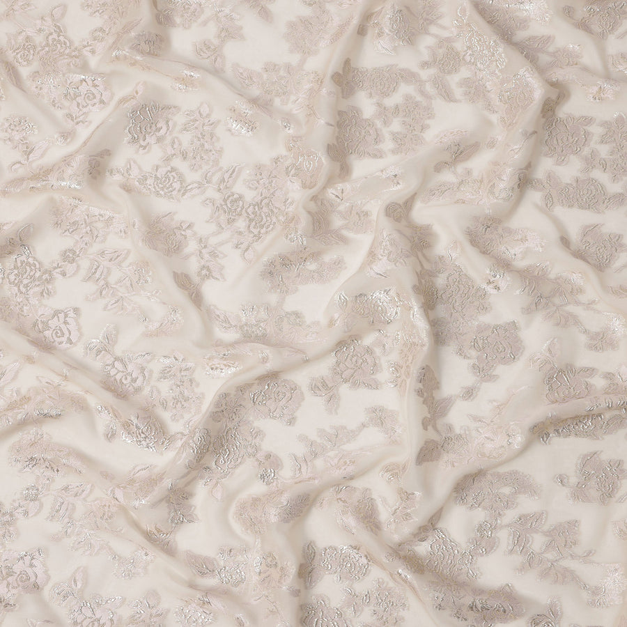Off White Brocade Style Floral Metallic Lurex Design Silk Chiffon Fabric, 110 Cms Width, Made in South Korea
-D22657