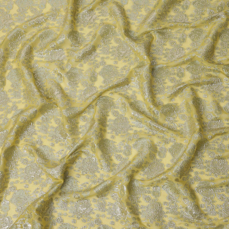 قماش شيفون حريري لوركس فضي معدني مزخرف بنقشة زهور صفراء باستيل، عرض 110 سم، صنع في كوريا الجنوبية - D22663