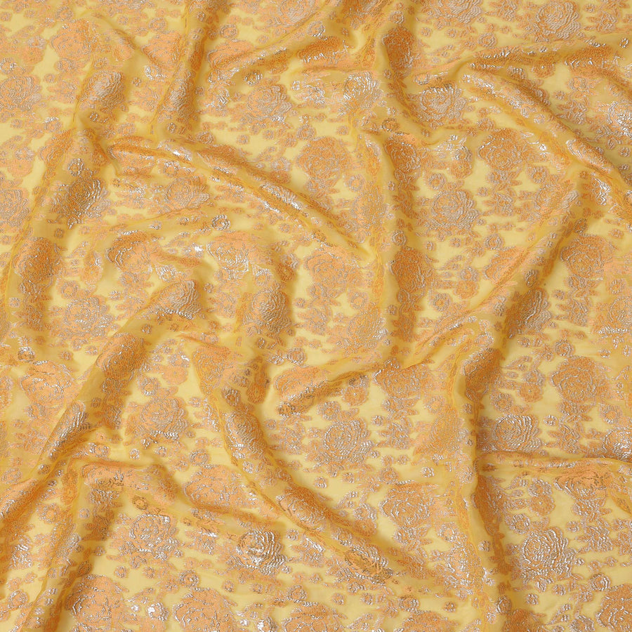 Sunshine Yellow Floral Brocade Orange-Silver Metallic Lurex Silk Chiffon Fabric, 110 Cms Width, Made in South Korea-D22664
