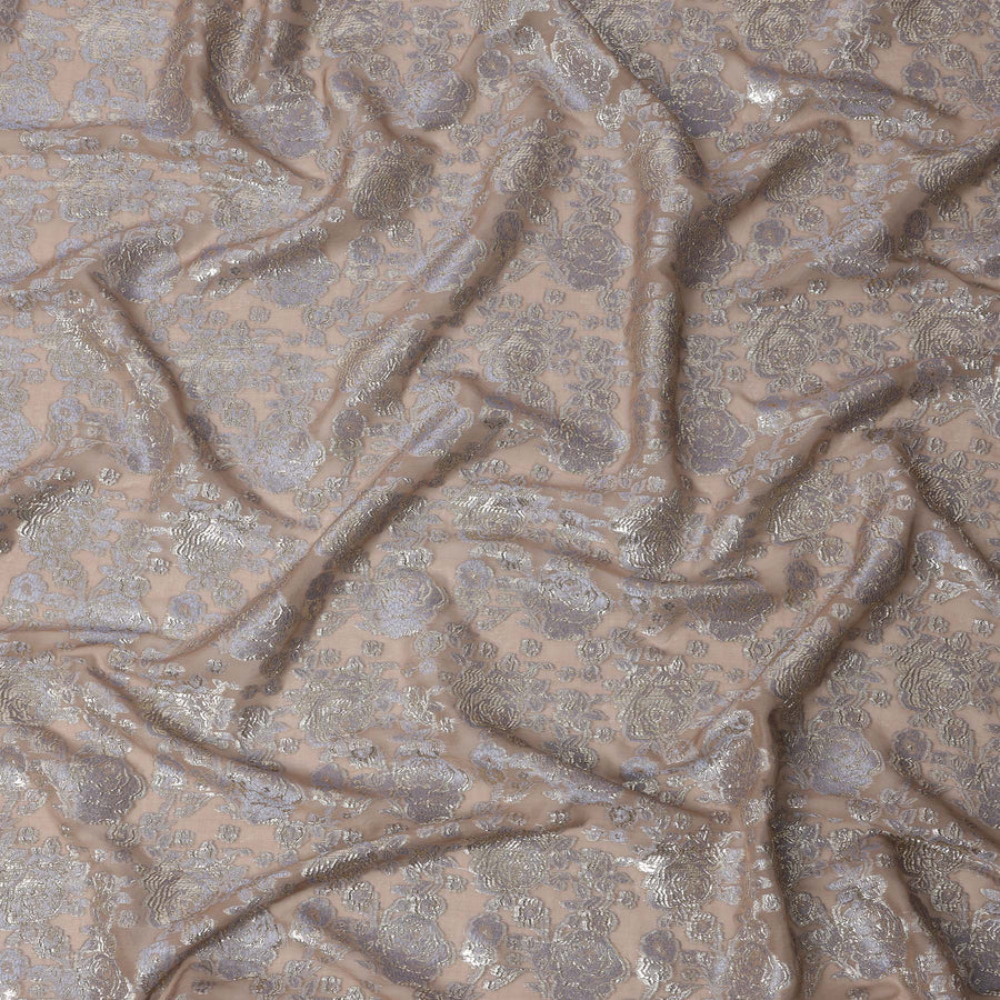 Nude Beige Floral Brocade Silver Metallic Lurex Silk Chiffon Fabric, 110 Cms Width, Made in South Korea-D22665