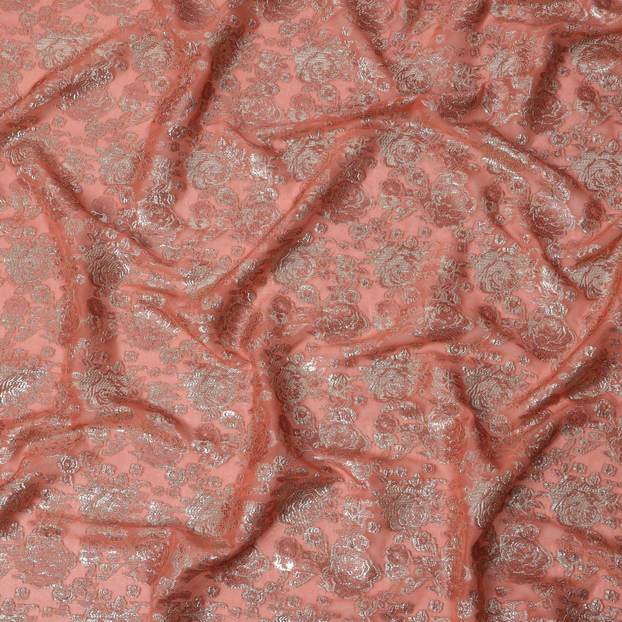Coral Pink Floral Brocade Silver Metallic Lurex Silk Chiffon Fabric, 110 Cms Width, Made in South Korea-D22666