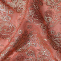 Coral Pink Floral Brocade Silver Metallic Lurex Silk Chiffon Fabric, 110 Cms Width, Made in South Korea-D22666