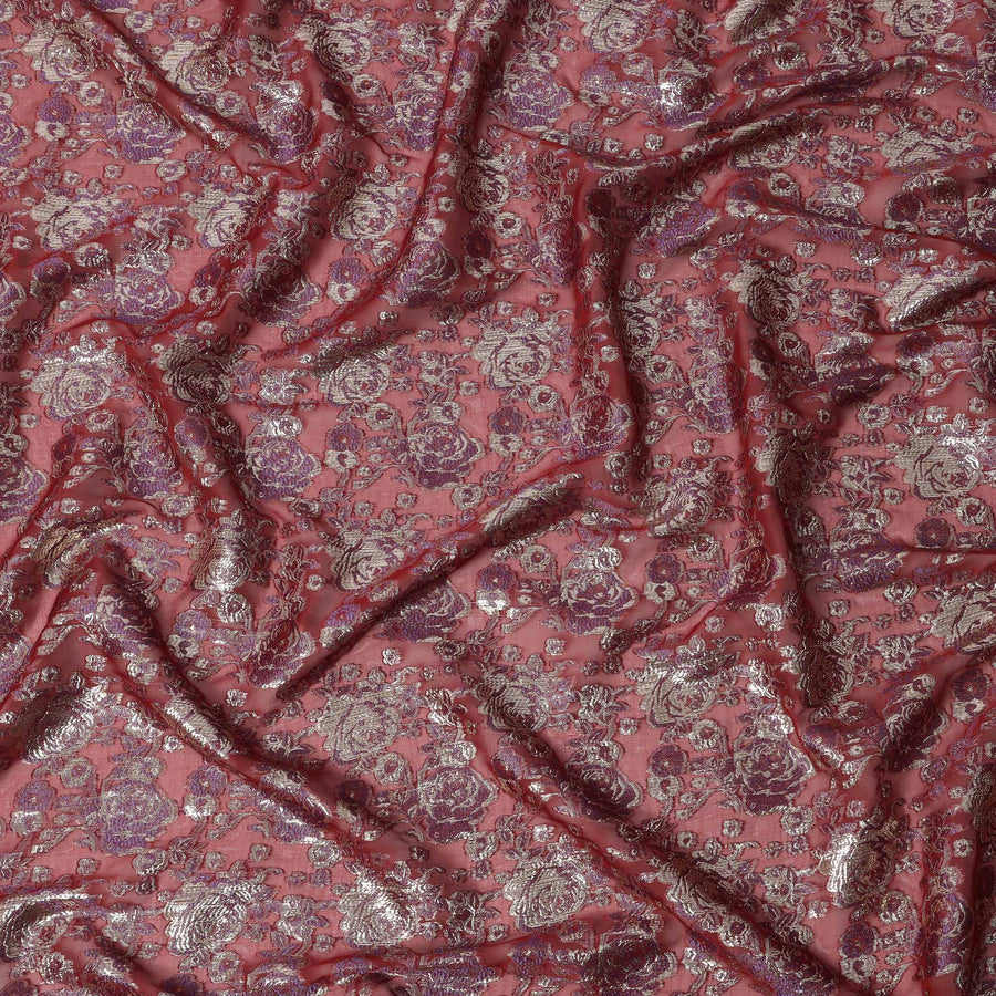 Reddish Pink Floral Brocade Purple Silver Metallic Lurex Silk Chiffon Fabric, 110 Cms Width, Made in South Korea-D22667