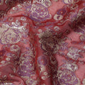 Reddish Pink Floral Brocade Purple Silver Metallic Lurex Silk Chiffon Fabric, 110 Cms Width, Made in South Korea-D22667