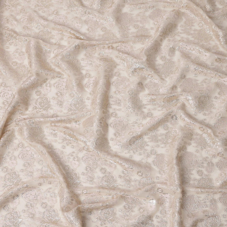 Ivory Floral Brocade Silver Metallic Lurex Silk Chiffon Fabric, 110 Cms Width, Made in South Korea-D22668