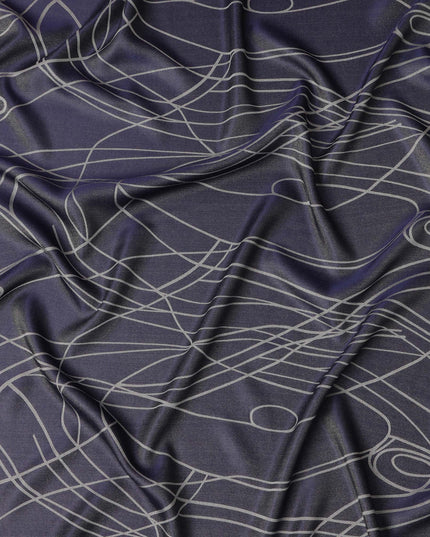 قماش ساتان حريري خالص بطبعة معدنية جاكار بخطوط تجريدية زرقاء داكنة، عرض 110 سم، صنع في كوريا الجنوبية - D23016