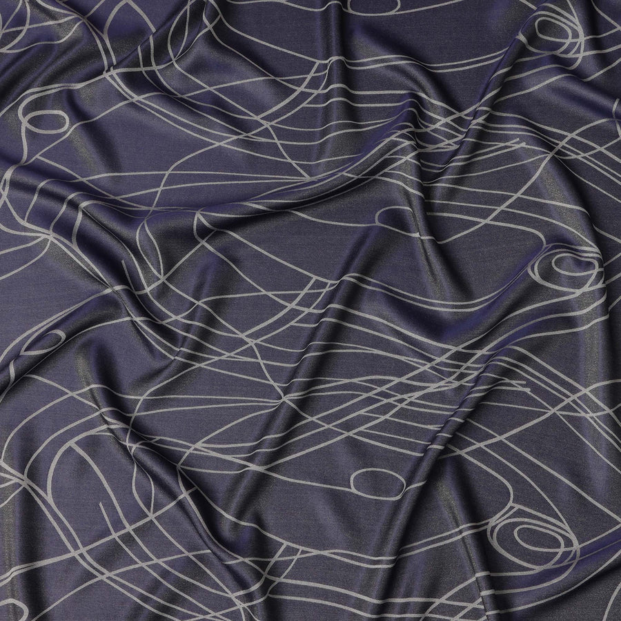 قماش ساتان حريري خالص بطبعة معدنية جاكار بخطوط تجريدية زرقاء داكنة، عرض 110 سم، صنع في كوريا الجنوبية - D23016