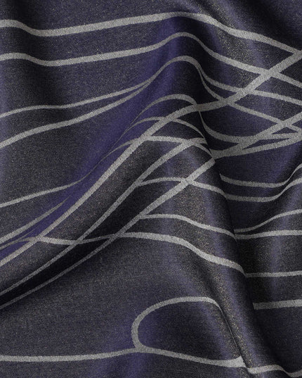 قماش ساتان حريري خالص بطبعة معدنية جاكار بخطوط تجريدية زرقاء داكنة، عرض 110 سم، صنع في كوريا الجنوبية - D23016