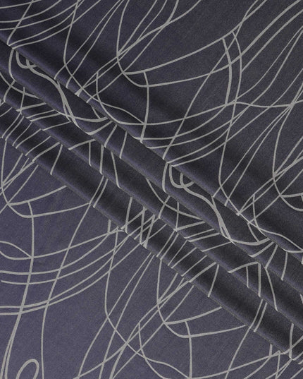 قماش ساتان حريري خالص بطبعة معدنية جاكار بخطوط تجريدية زرقاء داكنة، عرض 110 سم، صنع في كوريا الجنوبية - D23016