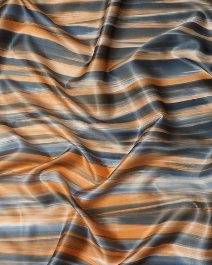 قماش حرير ساتان نقي مخطط بخطوط برتقالية محروقة ورمادية فحمية، عرض 110 سم، صنع في الهند - D23028