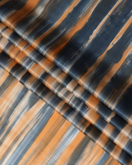 قماش حرير ساتان نقي مخطط بخطوط برتقالية محروقة ورمادية فحمية، عرض 110 سم، صنع في الهند - D23028