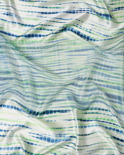 قماش ساتان حريري نقي مخطط باللون العاجي مع خطوط شيبوري زرقاء وخضراء، عرض 110 سم، صنع في الهند