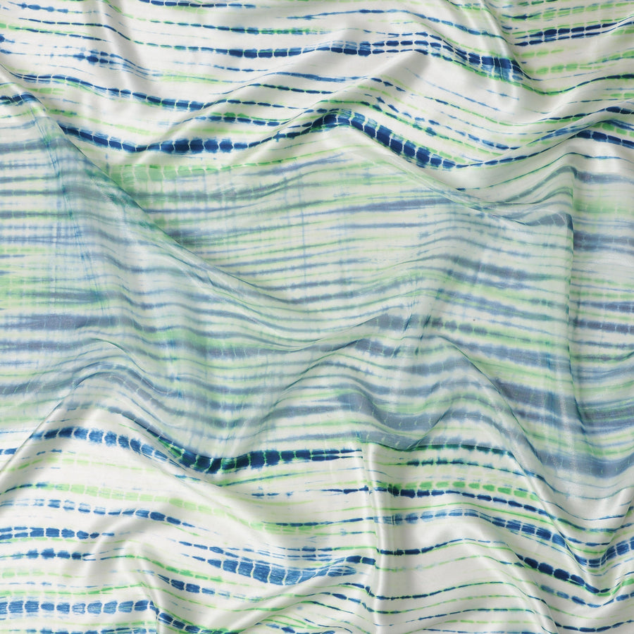 قماش ساتان حريري نقي مخطط باللون العاجي مع خطوط شيبوري زرقاء وخضراء، عرض 110 سم، صنع في الهند