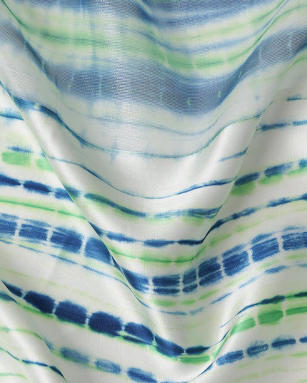 قماش ساتان حريري نقي مخطط باللون العاجي مع خطوط شيبوري زرقاء وخضراء، عرض 110 سم، صنع في الهند