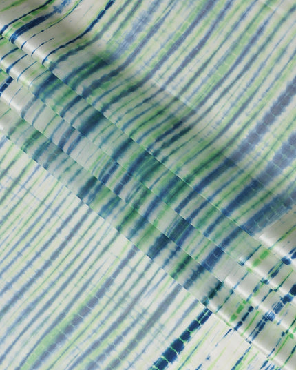 قماش ساتان حريري نقي مخطط باللون العاجي مع خطوط شيبوري زرقاء وخضراء، عرض 110 سم، صنع في الهند