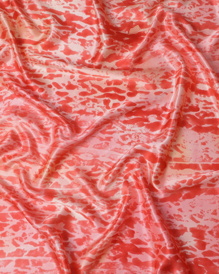 قماش ساتان حريري خالص بطبعة تجريدية باللون الأحمر المرجاني والوردي، عرض 110 سم، صنع في الهند - D23033