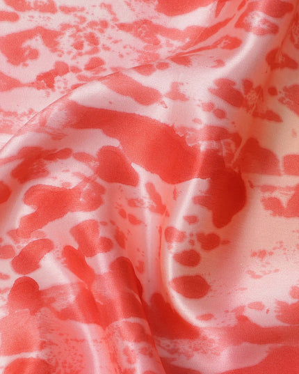 قماش ساتان حريري خالص بطبعة تجريدية باللون الأحمر المرجاني والوردي، عرض 110 سم، صنع في الهند - D23033