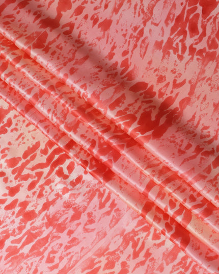 قماش ساتان حريري خالص بطبعة تجريدية باللون الأحمر المرجاني والوردي، عرض 110 سم، صنع في الهند - D23033