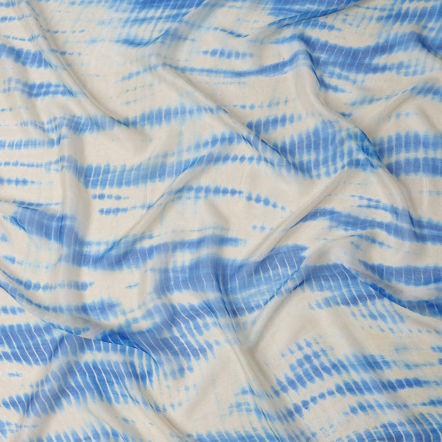 Ivory and Sky Blue Shibori Stripe Pure Silk Chiffon Fabric with Satin Finish, 110 cm Width, Made in India-D23036