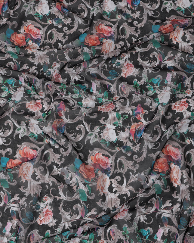 Charcoal Grey Floral Traditional Sudanese Thobe in Pure Cotton Voile Fabric, 4.5 Meters Length, Width 140 cm – Made in India-D23130