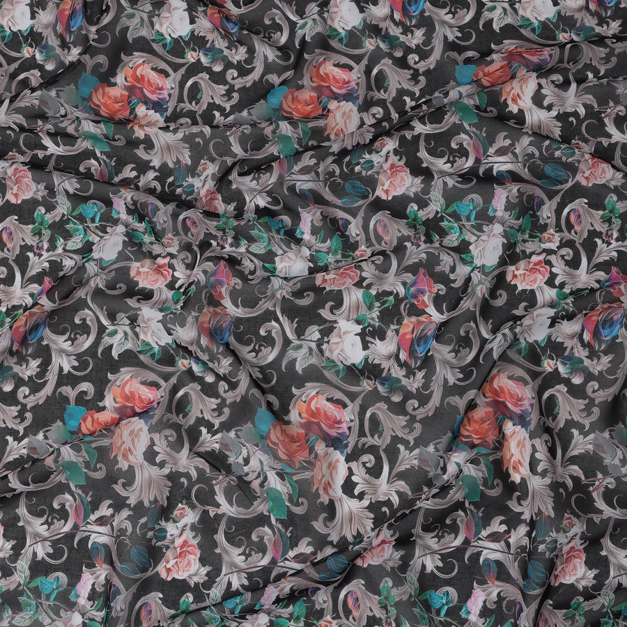 Charcoal Grey Floral Traditional Sudanese Thobe in Pure Cotton Voile Fabric, 4.5 Meters Length, Width 140 cm – Made in India-D23130