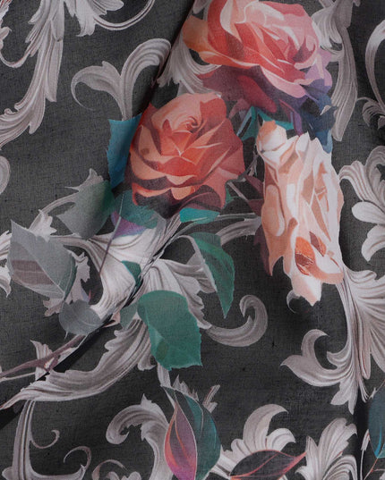 Charcoal Grey Floral Traditional Sudanese Thobe in Pure Cotton Voile Fabric, 4.5 Meters Length, Width 140 cm – Made in India-D23130