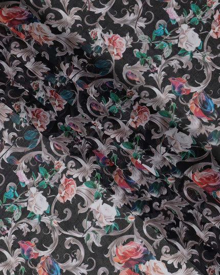 Charcoal Grey Floral Traditional Sudanese Thobe in Pure Cotton Voile Fabric, 4.5 Meters Length, Width 140 cm – Made in India-D23130