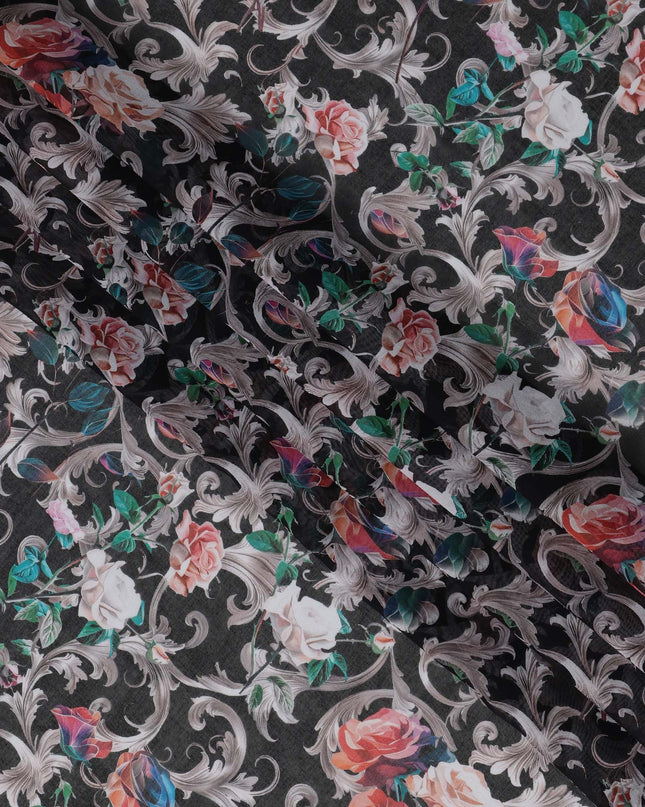 Charcoal Grey Floral Traditional Sudanese Thobe in Pure Cotton Voile Fabric, 4.5 Meters Length, Width 140 cm – Made in India-D23130