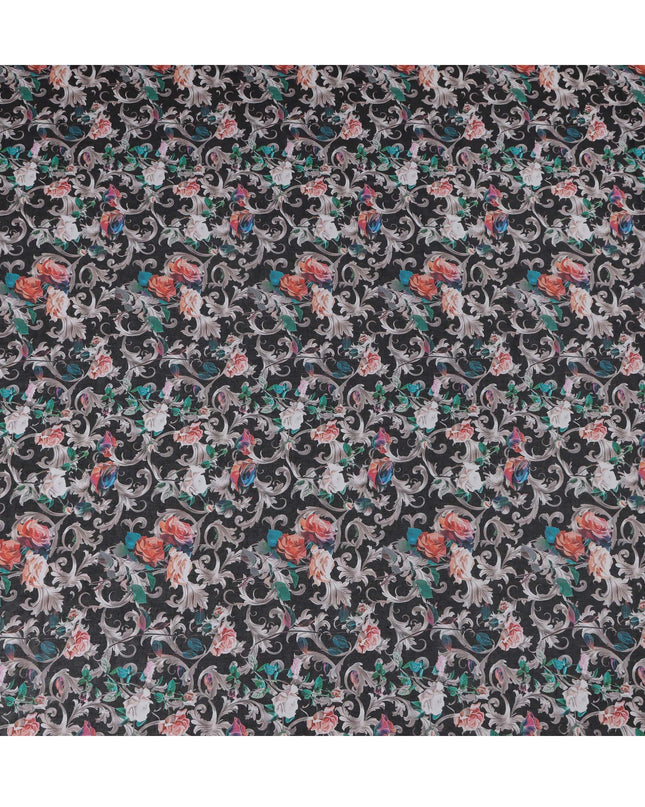 Charcoal Grey Floral Traditional Sudanese Thobe in Pure Cotton Voile Fabric, 4.5 Meters Length, Width 140 cm – Made in India-D23130