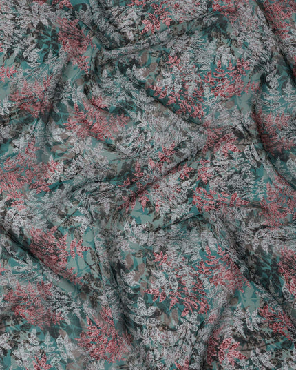 Teal Green and Coral Leaf Print Traditional Sudanese Thobe in Pure Cotton Voile Fabric, 4.5 Meters Length, Width 140 cm – Made in India-D23132