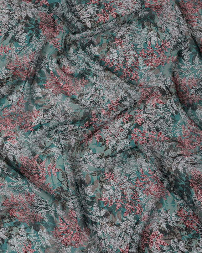 Teal Green and Coral Leaf Print Traditional Sudanese Thobe in Pure Cotton Voile Fabric, 4.5 Meters Length, Width 140 cm – Made in India-D23132
