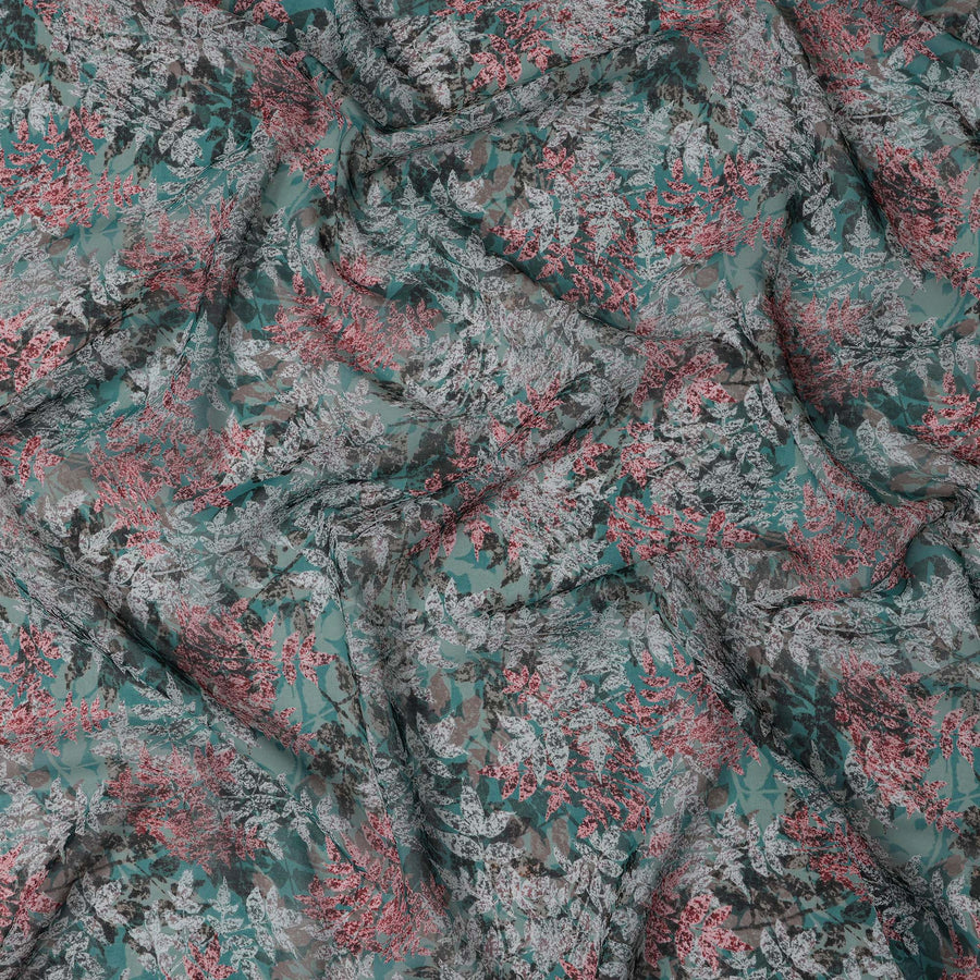Teal Green and Coral Leaf Print Traditional Sudanese Thobe in Pure Cotton Voile Fabric, 4.5 Meters Length, Width 140 cm – Made in India-D23132