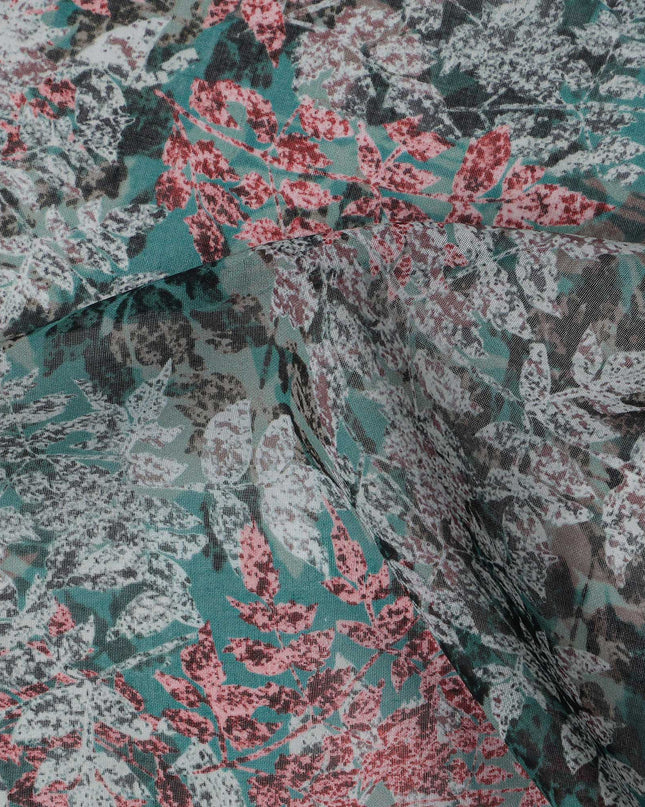 Teal Green and Coral Leaf Print Traditional Sudanese Thobe in Pure Cotton Voile Fabric, 4.5 Meters Length, Width 140 cm – Made in India-D23132