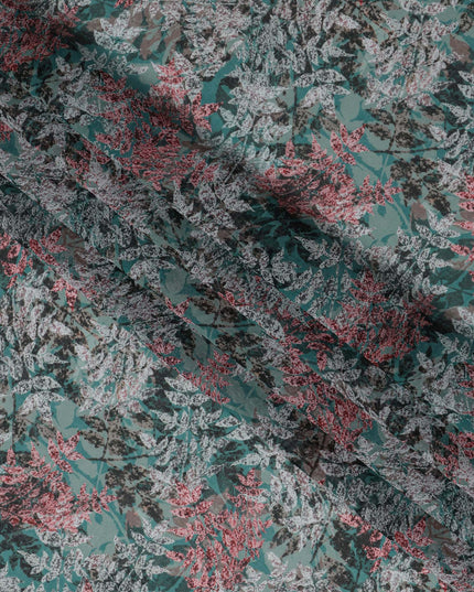 Teal Green and Coral Leaf Print Traditional Sudanese Thobe in Pure Cotton Voile Fabric, 4.5 Meters Length, Width 140 cm – Made in India-D23132