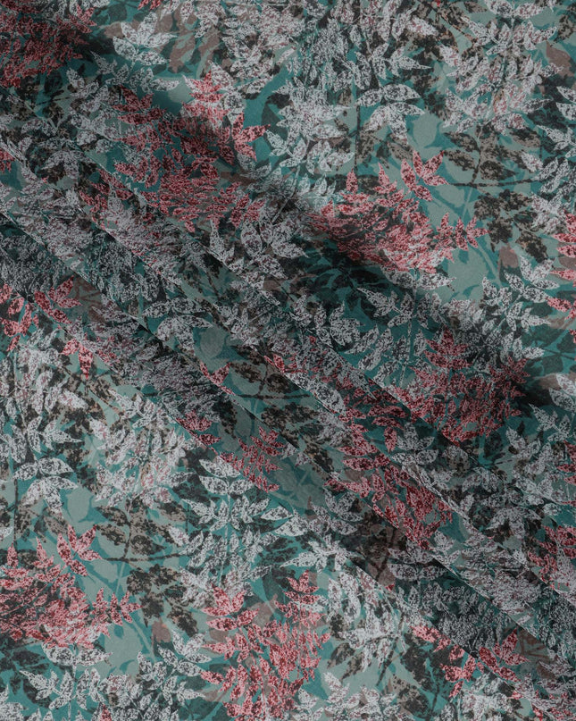 Teal Green and Coral Leaf Print Traditional Sudanese Thobe in Pure Cotton Voile Fabric, 4.5 Meters Length, Width 140 cm – Made in India-D23132