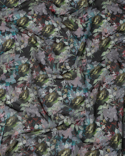 Charcoal Black and Olive Floral Traditional Sudanese Thobe in Pure Cotton Voile Fabric, 4.5 Meters Length, Width 140 cm – Made in India-D23133