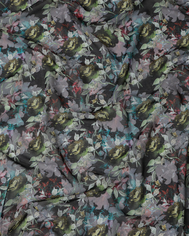 Charcoal Black and Olive Floral Traditional Sudanese Thobe in Pure Cotton Voile Fabric, 4.5 Meters Length, Width 140 cm – Made in India-D23133