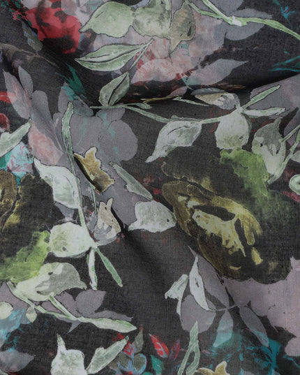 Charcoal Black and Olive Floral Traditional Sudanese Thobe in Pure Cotton Voile Fabric, 4.5 Meters Length, Width 140 cm – Made in India-D23133
